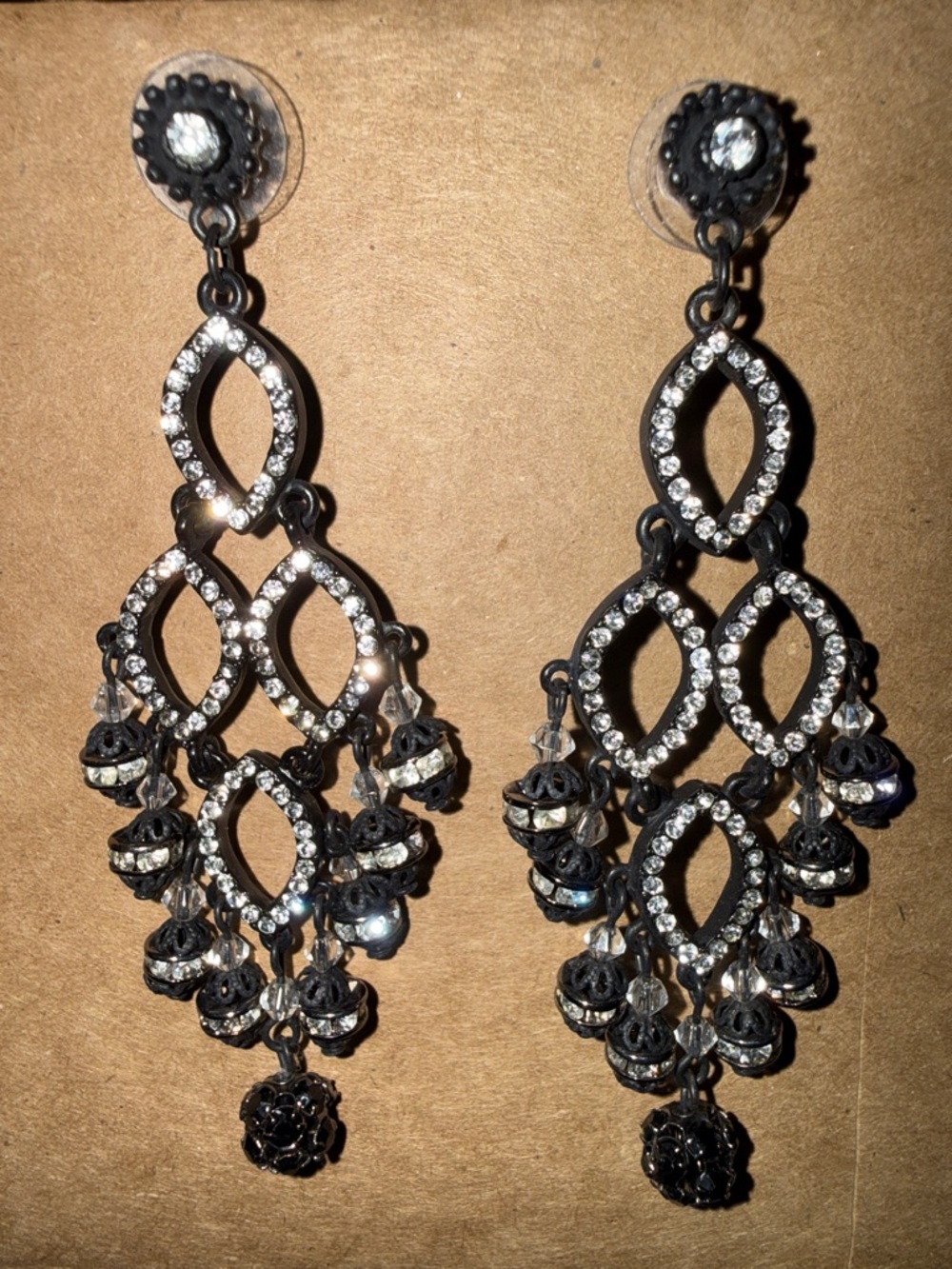 Crystal-Embellished Black Chandelier Earrings - Unbranded